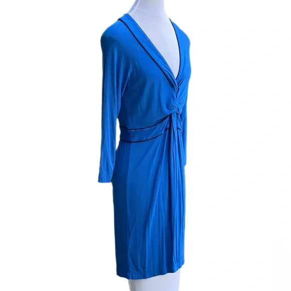 BCBG MaxAzaria Blue Long Sleeves Dress Medium Black Trim - Picture 11 of 14